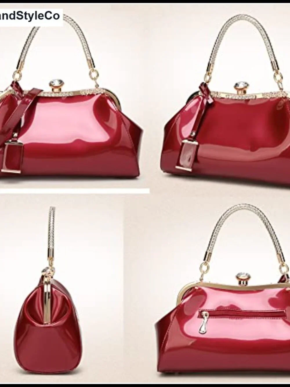 Patent Leather Top Handle Satchel Bag with Crystal Buckle Evening Tote Shoulder